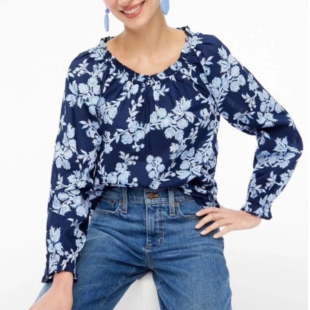 NWT J. Crew Factory Tie Back Ruffle Neck Top Blue Floral #BP805